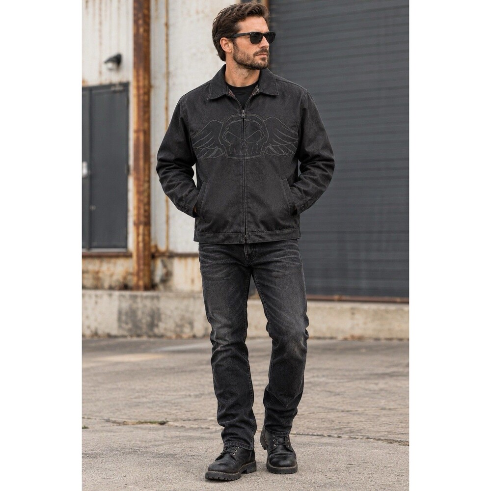 Vintage No Fear Jacket Mens M Black Skull Wings Eisenhower Plaid Lined Y2K Skate